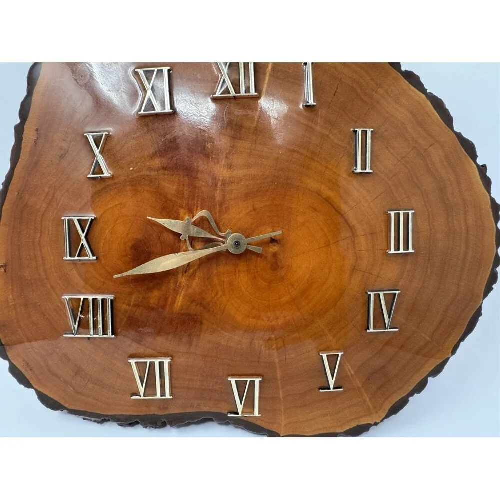 Vintage Live Edge Wood Slice Wall Clock Roman Numerals 15x16 Tested